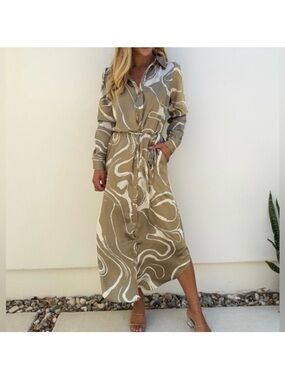 Tie-Waist Taupe & White Maxi Shirt Dress